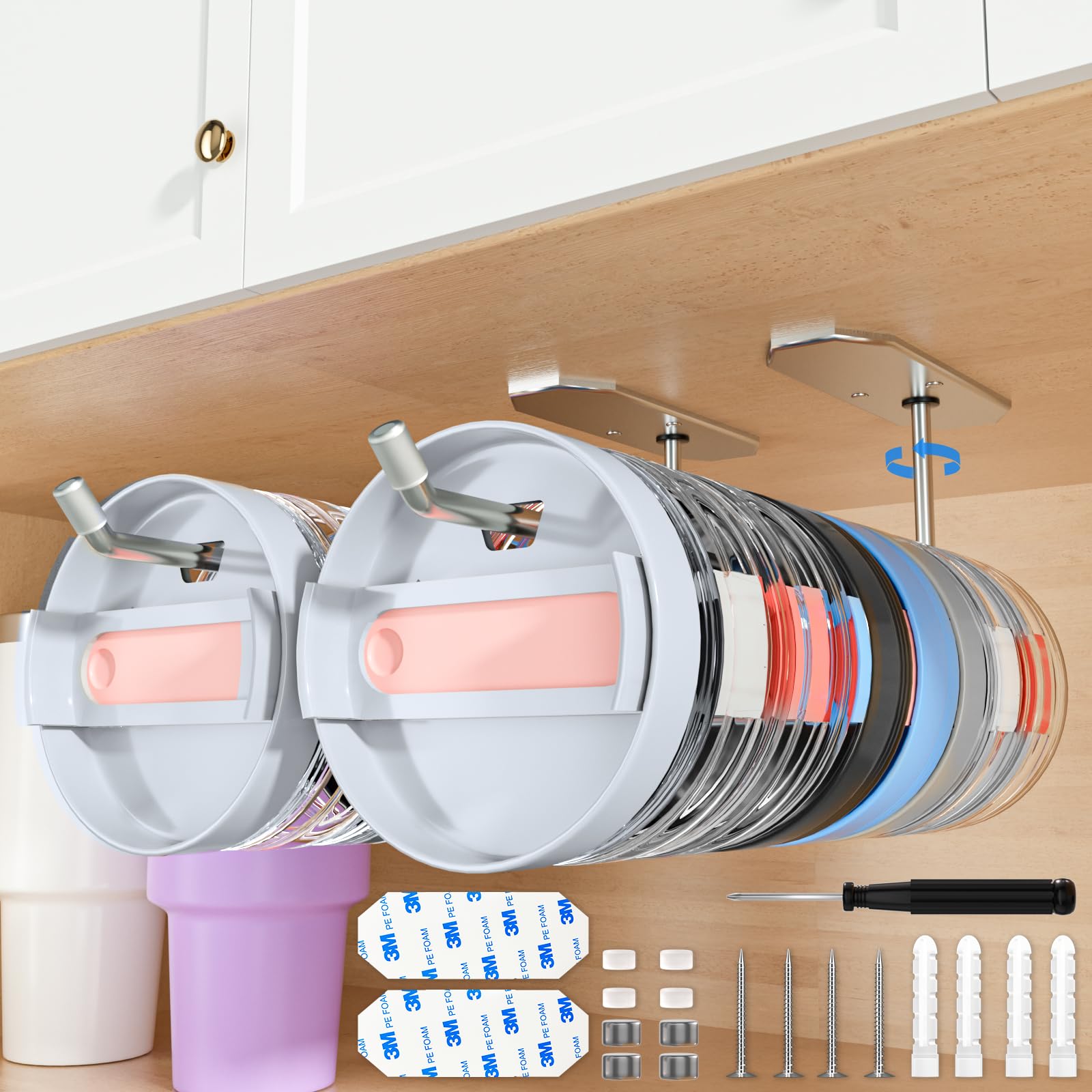2 Pack Upgraded Tumbler Lid Organizer 8.5" Adjustable Swivel Hook for Yeti Tumbler/Stanley Tumbler/Owala Tumbler Lid Self-Adhesive or Drilling Tumbler Lid Hook for Kitchen Organizers and Storage