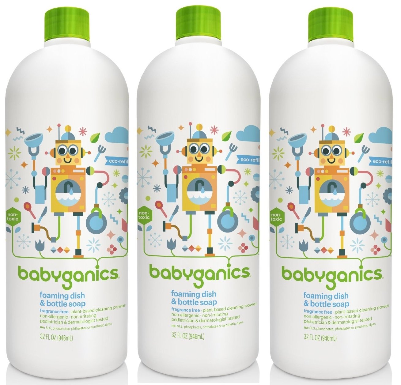 Babyganics Foaming Dish and Bottle Soap Refill Fragrance Free 32 Ounce 3 Pack