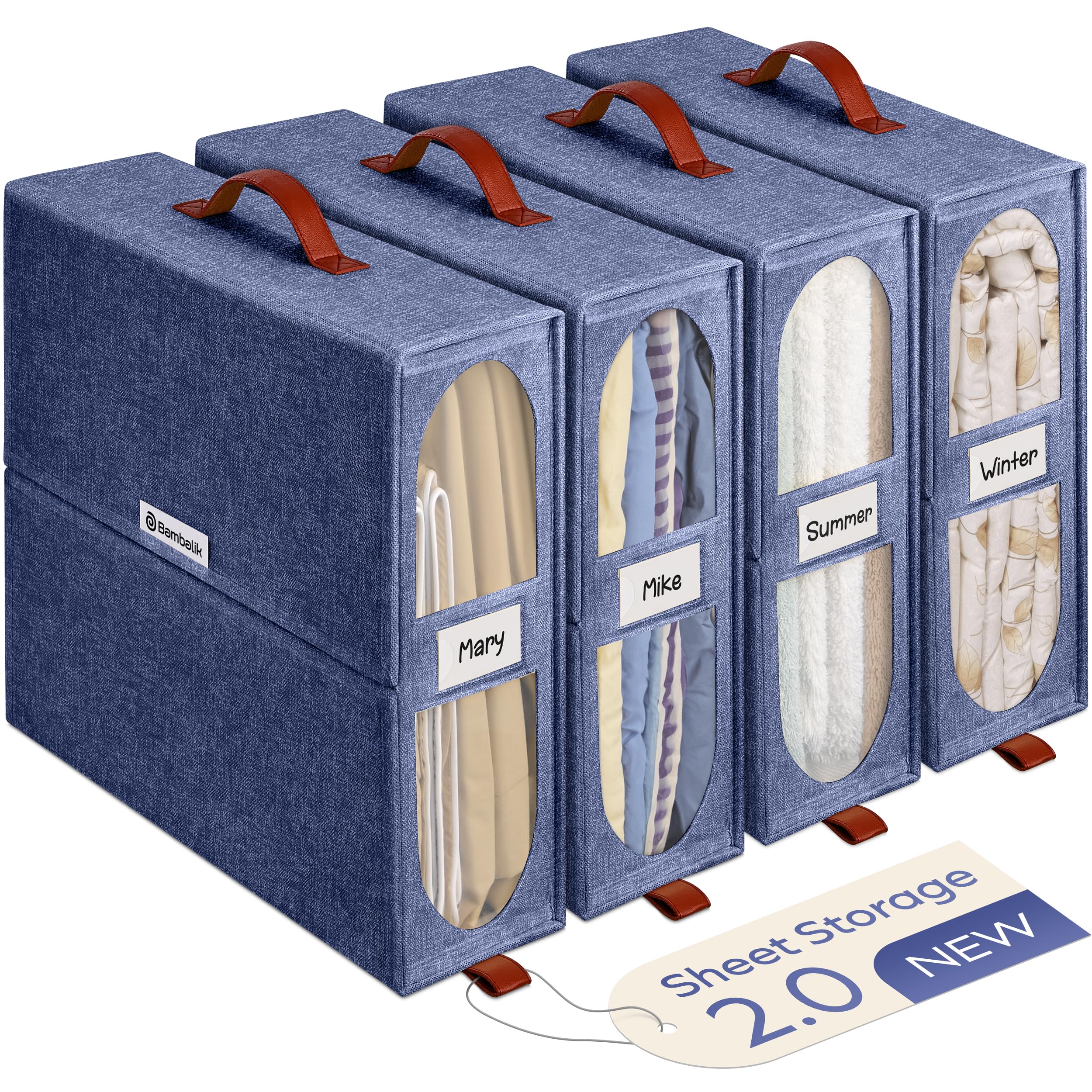 BAMBALIK 4x Bed Sheet Organizer Storage Boxes with Big See-Through Windows - Bedsheet Organizers Redesigned. Robust Bed Sheet Storage -15x13x5 Inches Sheet Organizers and Storage Containers (Denim)