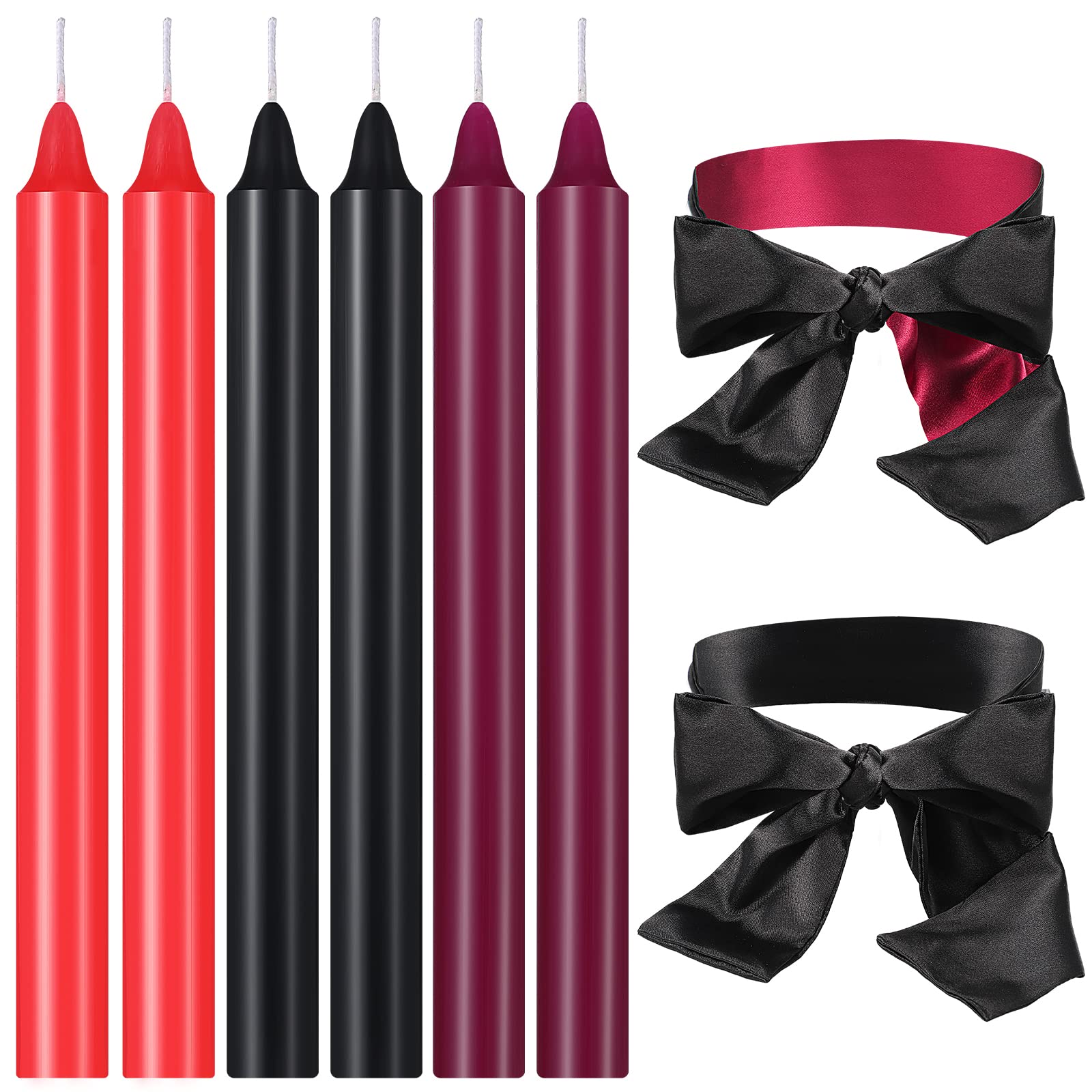 8 Pcs Low Temperature Candles Silk Blindfold Wax Play Candles Romantic Candles Long Thin Drip Candles Satin Eye Mask Sleeping Covers Blindfolds for Couple (Black and Red Black)