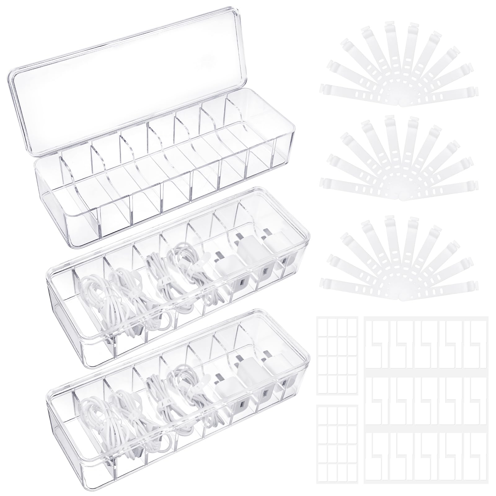 Cable Organizer Box with Lid 3 Pcs Clear Cord Storage Organizer with 30 Cable Ties 62 Cable Labels Charger Organizer for Office Desk Drawer Organizers and Accessories